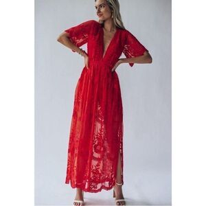 Honey Punch Red Romantic Fairy Boho Coquette Soft Girl Dainty Lace Maxi Dress